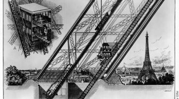 Details construction & operation Otis elevators - B & W engraving Paris Exhibition 1889