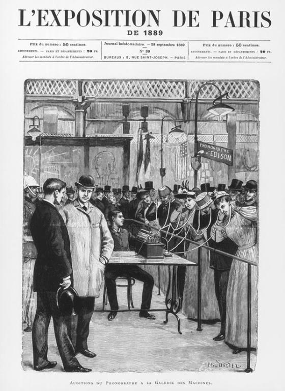 Illustration of the phonograph presented to visitors at the 1889 World Exhibition