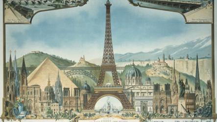 Grabado de la Torre Eiffel y otros edificios altos