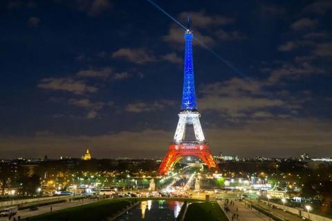 Blue-white-red lighting of the Eiffel Tower