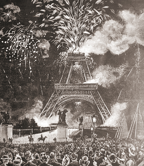 Gravure du premier feu d'artifice à la tour Eiffel en 1887